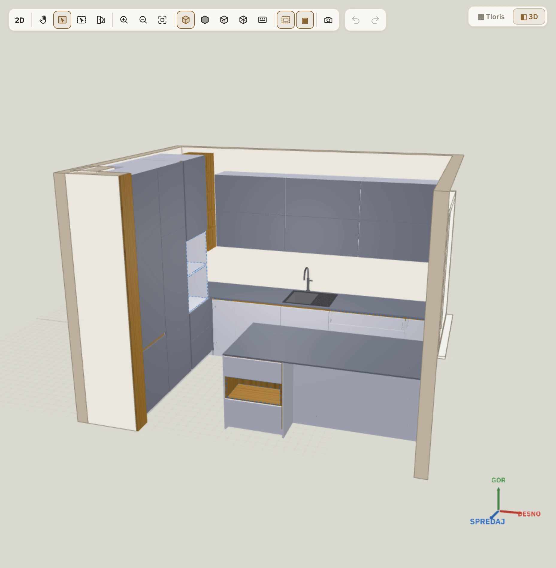 Cucina a L con isola nella vista 3D di MizarCAD — ante e top antracite, basi bianche, interno in rovere
